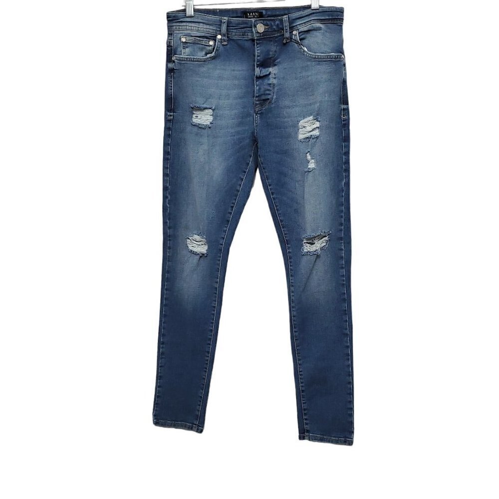 Man Boohoo Super Skinny Distressed Light Blue Jeans